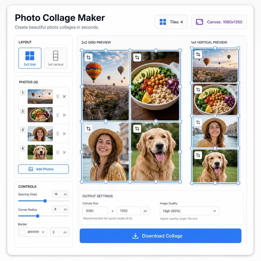 Photo Collage Maker preview showing a browser-local collage layout with image tiles, crop handles, and export settings