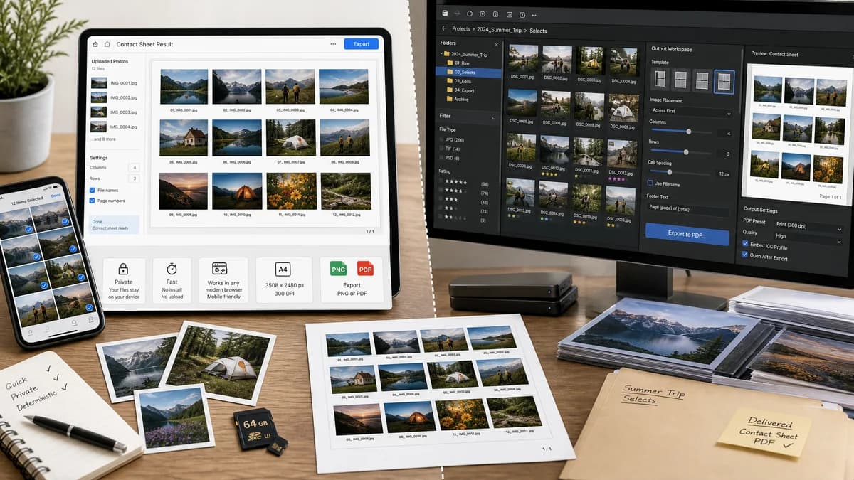Photo Contact Sheet Maker vs Adobe Bridge Output Workspace visual comparison of photo contact sheet maker workflows