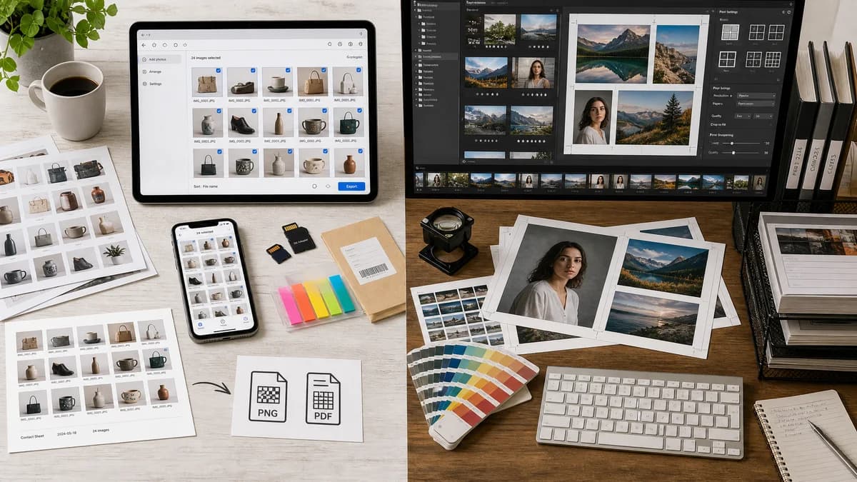 Photo Contact Sheet Maker vs Adobe Lightroom Classic Print Module visual comparison of photo contact sheet maker workflows