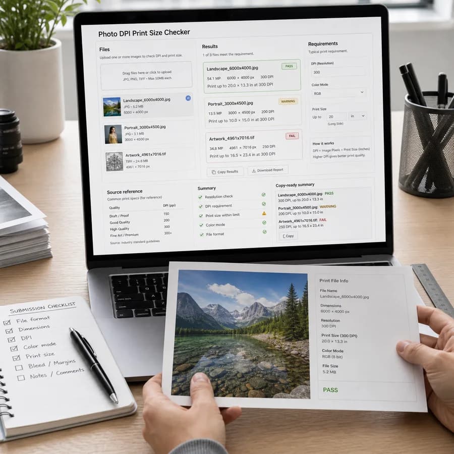 Photo DPI Print Size Checker preview showing a browser preflight checklist and source-backed verification results
