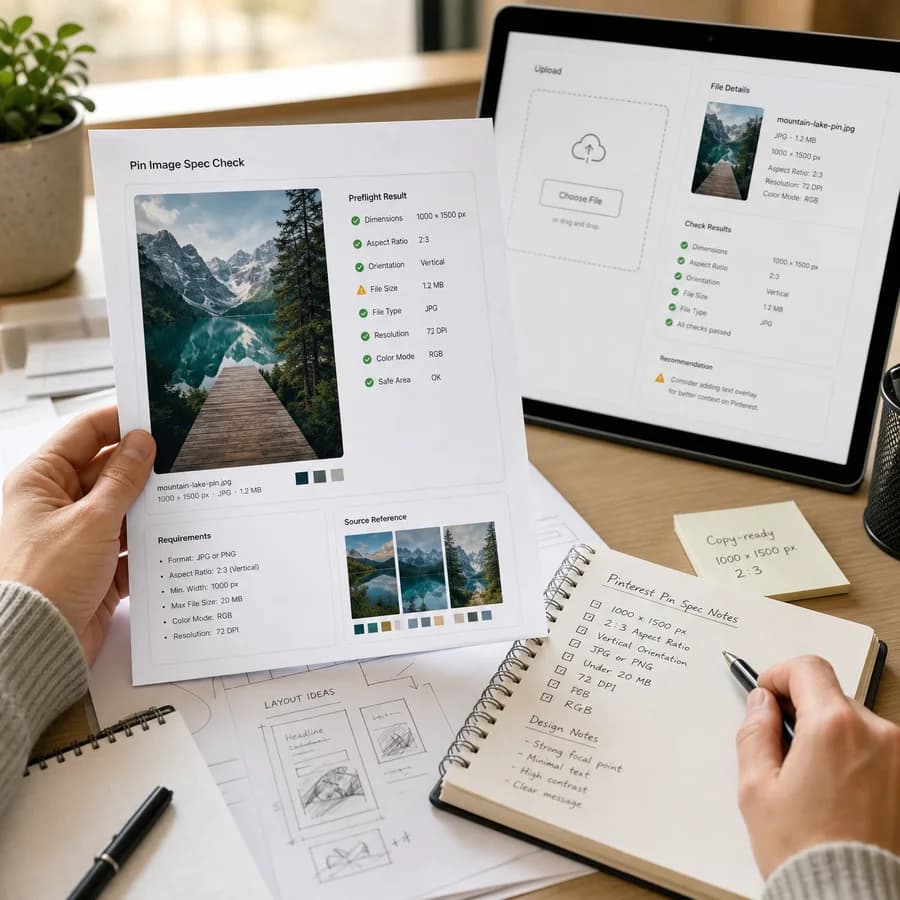 Pinterest Pin Image Spec Checker preview showing a browser preflight checklist and source-backed verification results