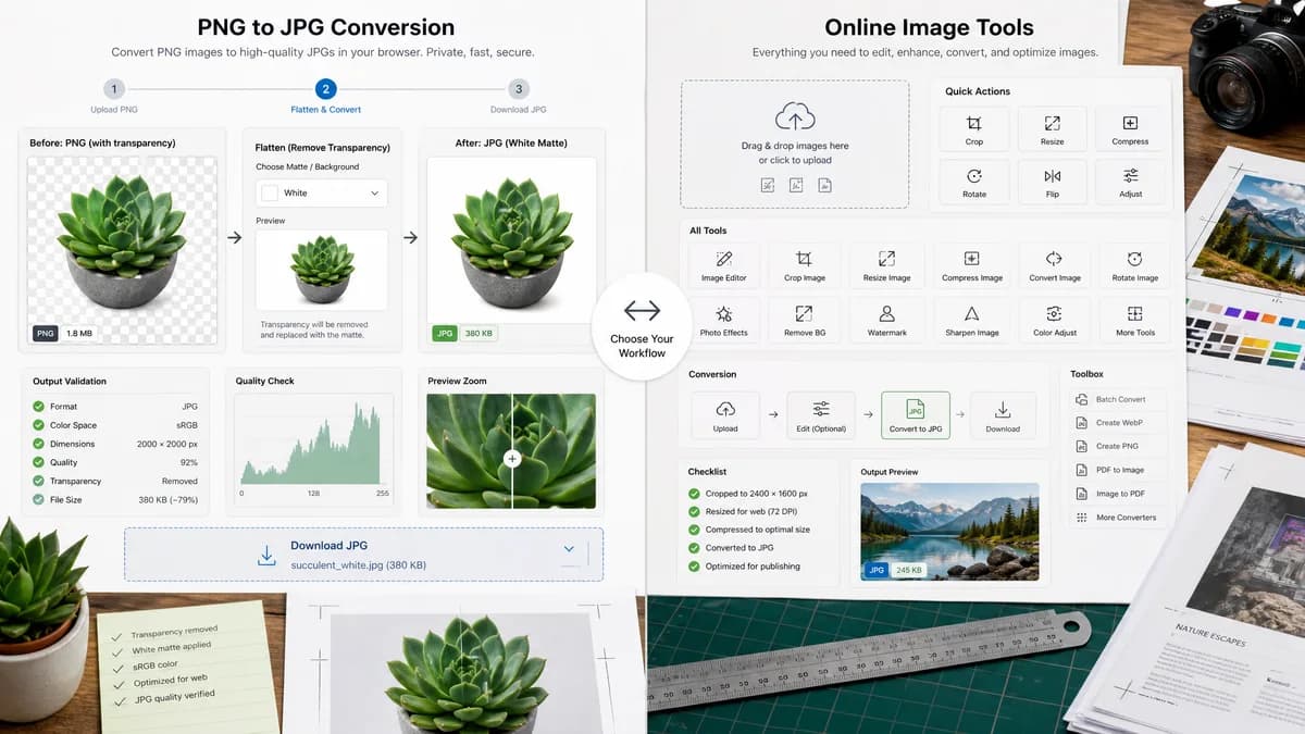 PNG to JPG Converter vs iLoveIMG visual comparison of image optimization workflows