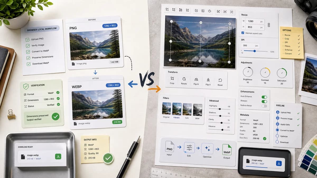 PNG to WebP Converter vs Online-Convert visual comparison of image optimization workflows