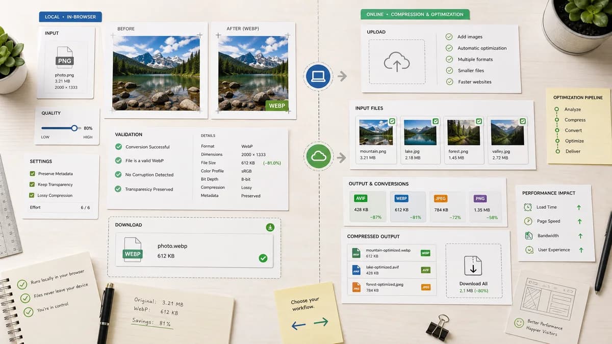 PNG to WebP Converter vs Tinify visual comparison of image optimization workflows
