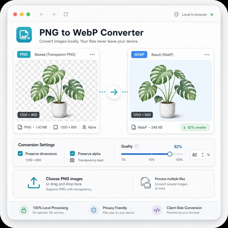PNG to WebP Converter preview showing a transparent PNG becoming a smaller WebP file