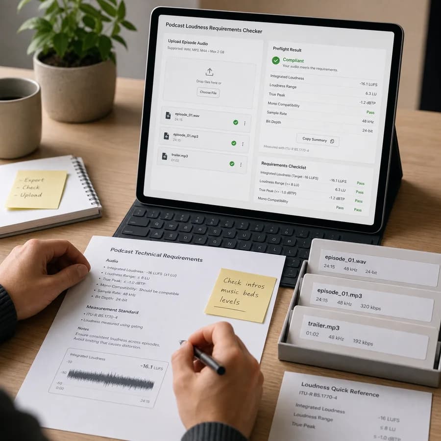 Podcast Loudness Requirements Checker preview showing a browser preflight checklist and source-backed verification results