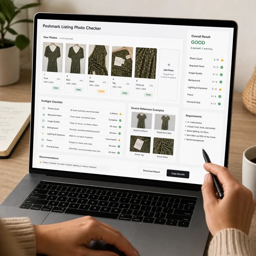 Poshmark Listing Photo Checker preview showing a browser preflight checklist and source-backed verification results
