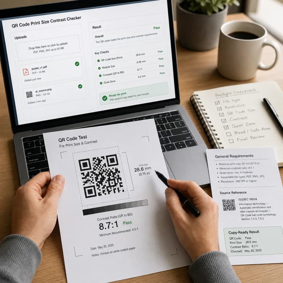 QR Code Print Size Contrast Checker preview showing a browser preflight checklist and source-backed verification results