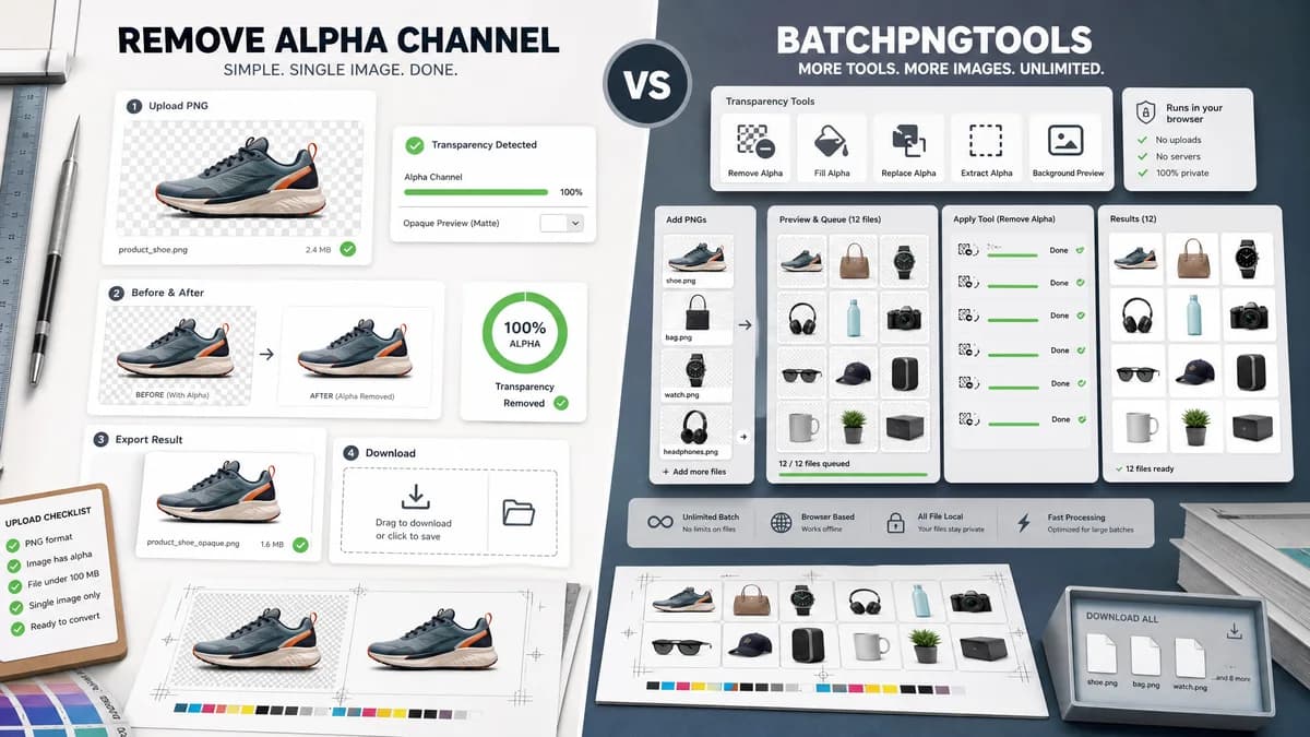 Remove Alpha Channel vs BatchPNGTools visual comparison of image optimization workflows