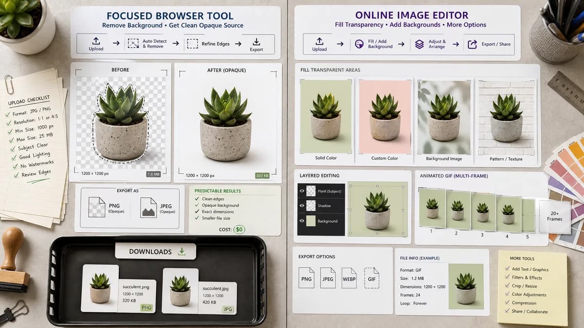 Remove Alpha Channel vs LunaPic Background Tool visual comparison of image optimization workflows