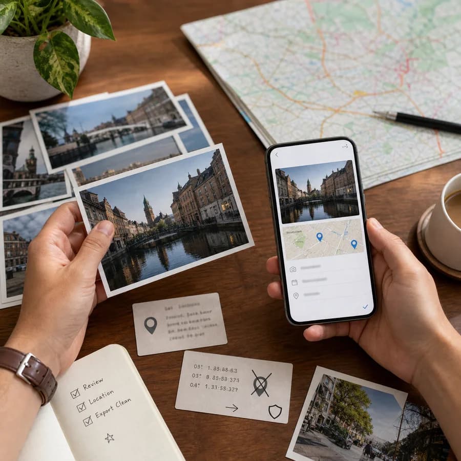 Remove GPS From Photo preview showing photo location metadata being reviewed with map and privacy clues