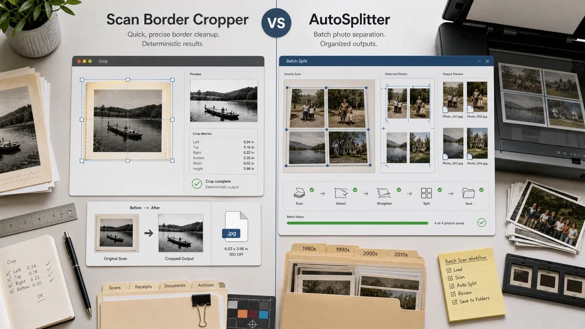 Scan Border Cropper vs AutoSplitter visual comparison of scan border cropper workflows