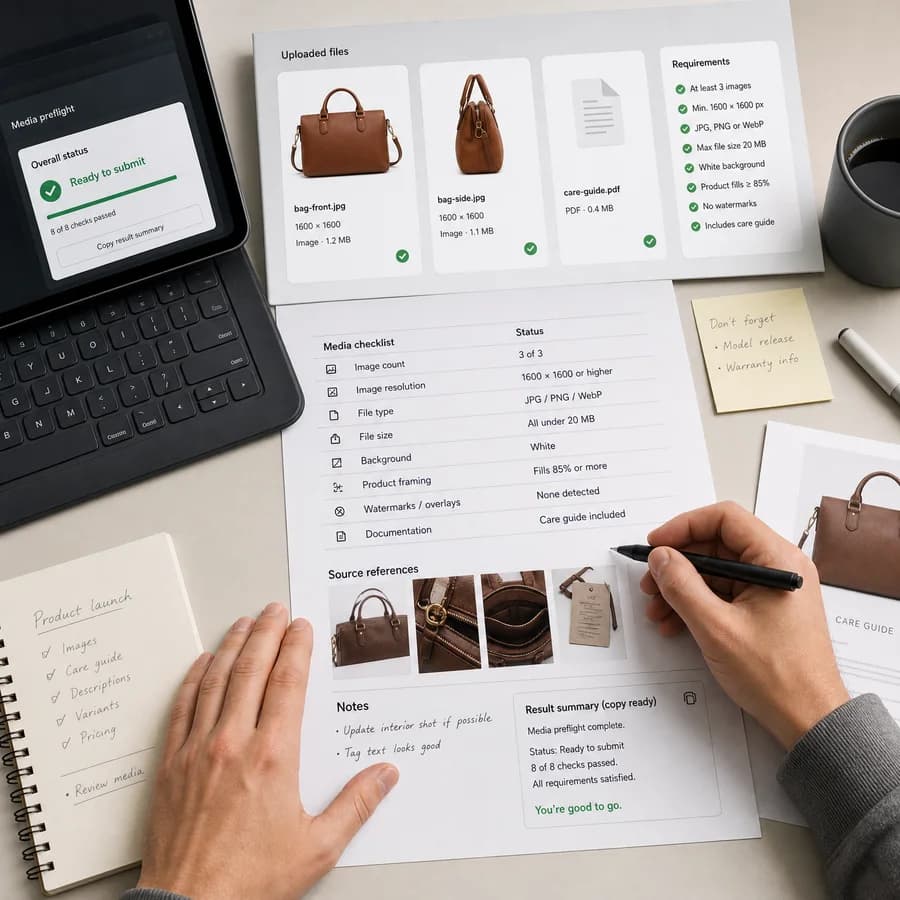 Shopify Product Media Checker preview showing a browser preflight checklist and source-backed verification results