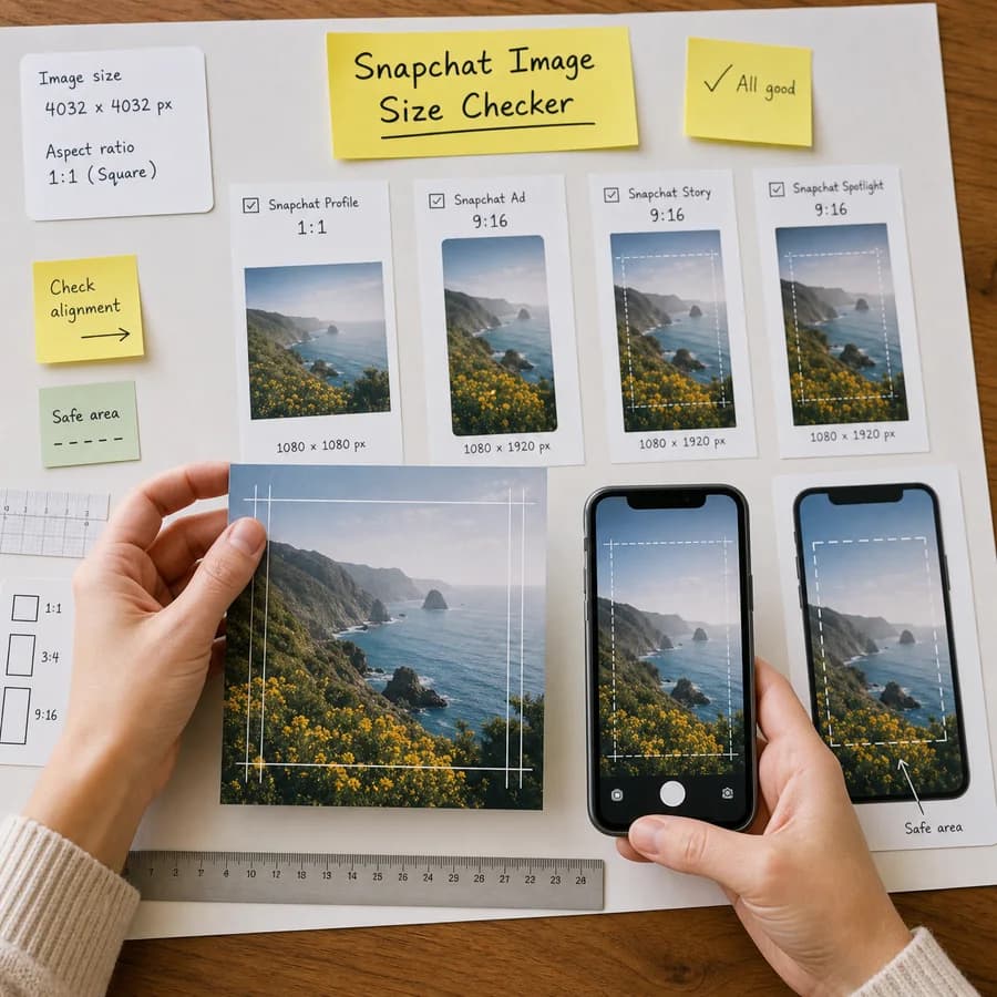 Snapchat Image Size Checker preview showing social media image dimensions being checked against placement cards