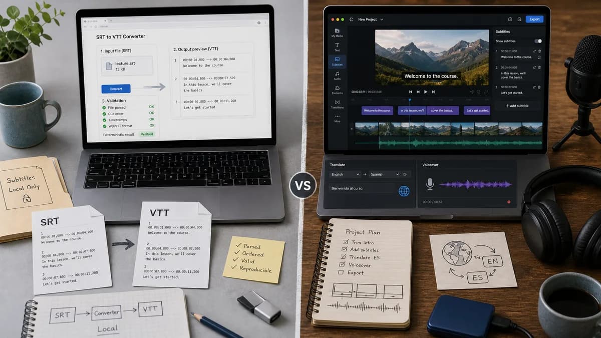 SRT to VTT Converter vs Flixier SRT to VTT Converter visual comparison of srt to vtt converter workflows