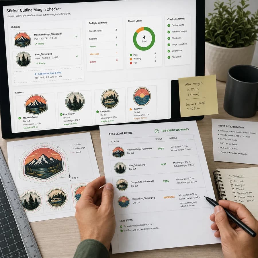 Sticker Cutline Margin Checker preview showing a browser preflight checklist and source-backed verification results