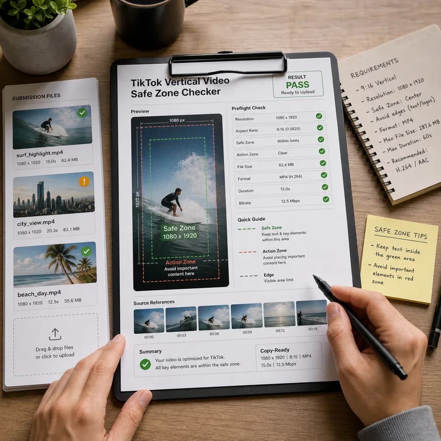 TikTok Vertical Video Safe Zone Checker preview showing a browser preflight checklist and source-backed verification results