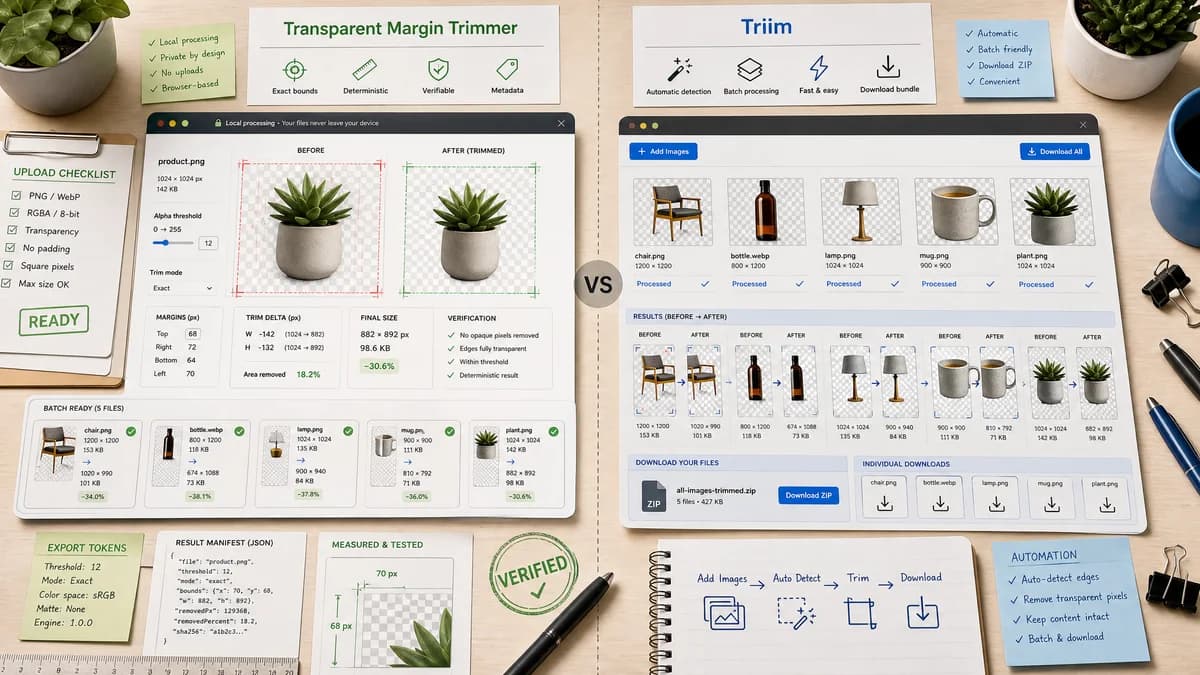 Transparent Margin Trimmer vs Triim visual comparison of image optimization workflows