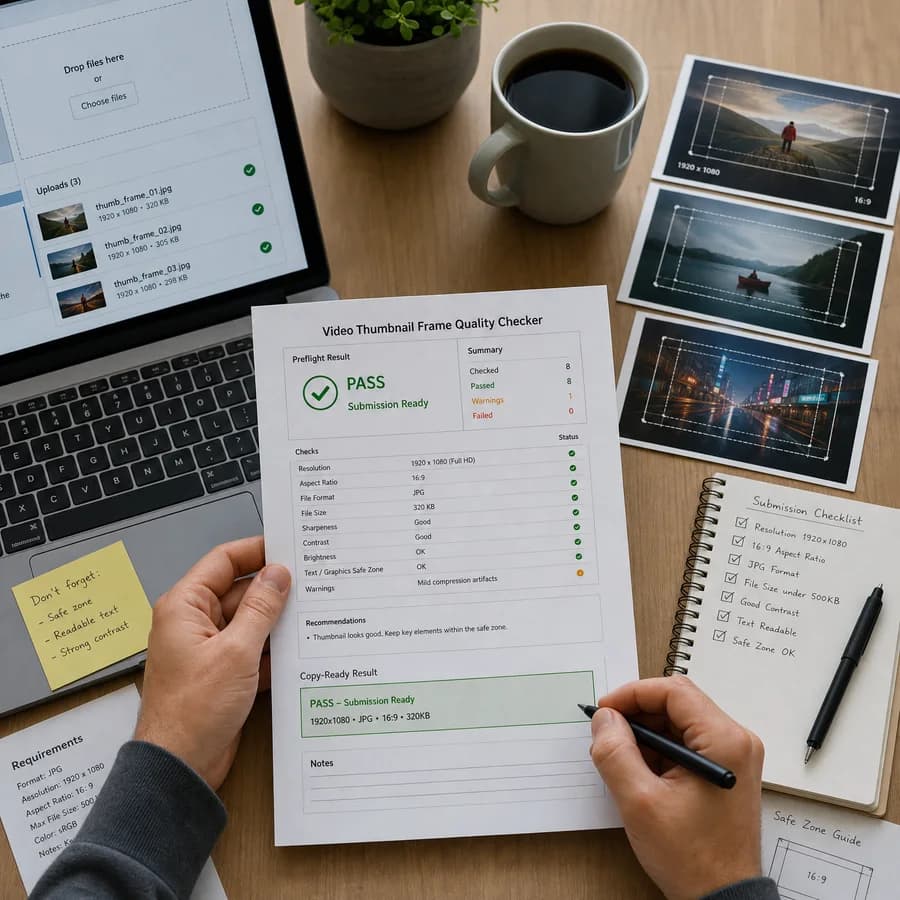 Video Thumbnail Frame Quality Checker preview showing a browser preflight checklist and source-backed verification results