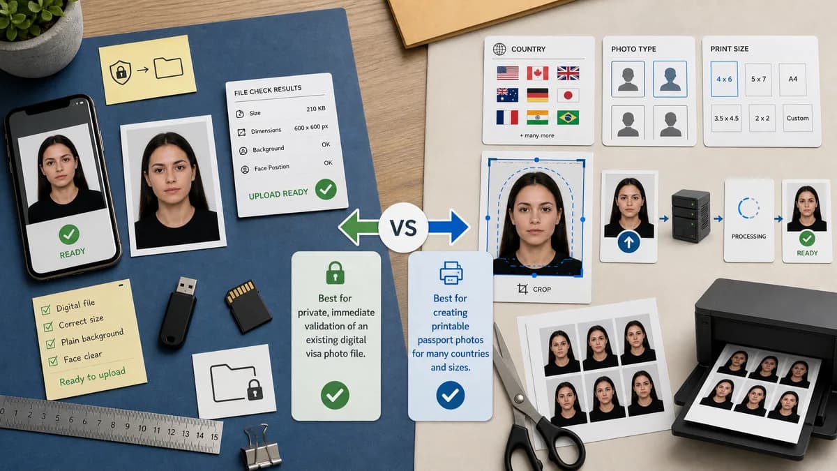 Visa Photo File Size Checker vs IDPhoto4You visual comparison of visa photo file size checker workflows