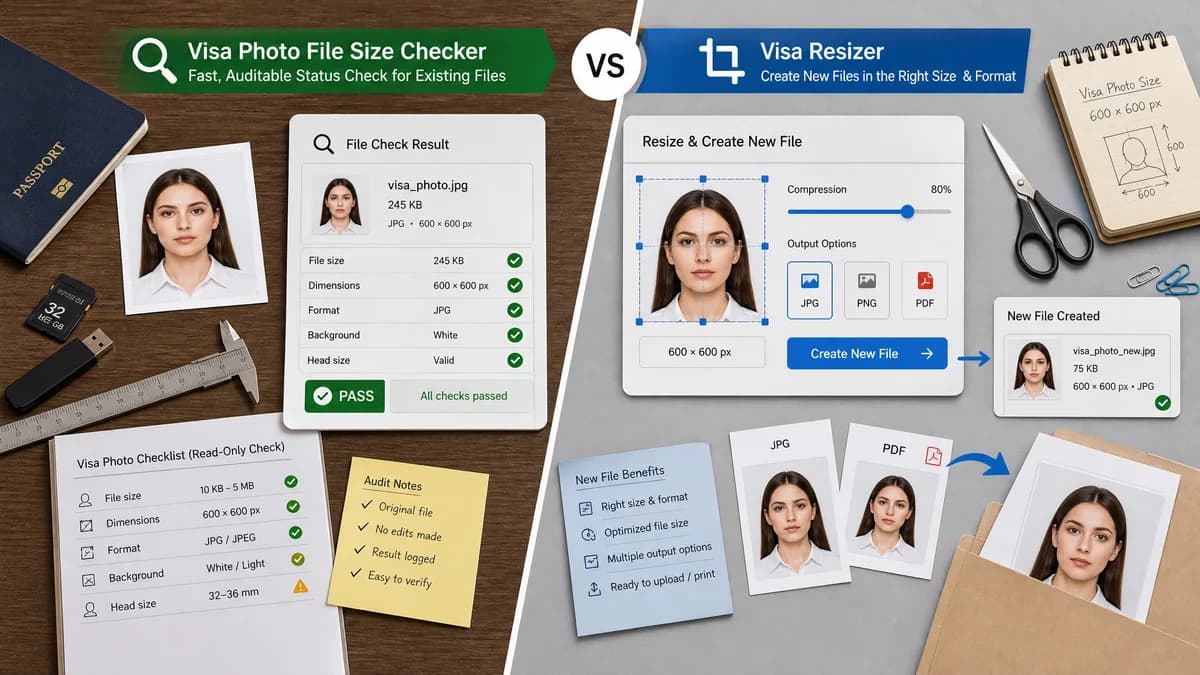 Visa Photo File Size Checker vs Visa Resizer visual comparison of visa photo file size checker workflows