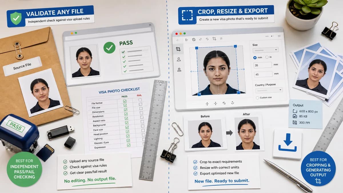 Visa Photo File Size Checker vs VisaPhoto.co visual comparison of visa photo file size checker workflows