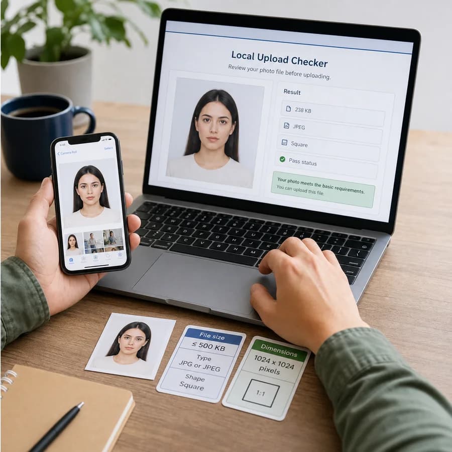 Visa Photo File Size Checker preview showing a local visa photo upload checked against file size and pixel rules