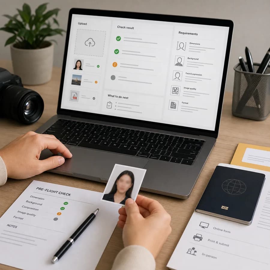 Visa Photo Requirements Checker preview showing a browser preflight checklist and source-backed verification results