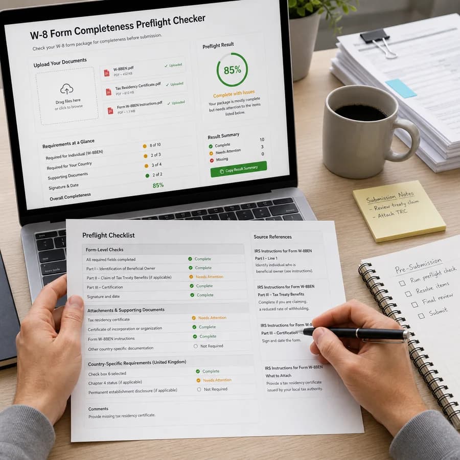 W-8 Form Completeness Preflight Checker preview showing a browser preflight checklist and source-backed verification results