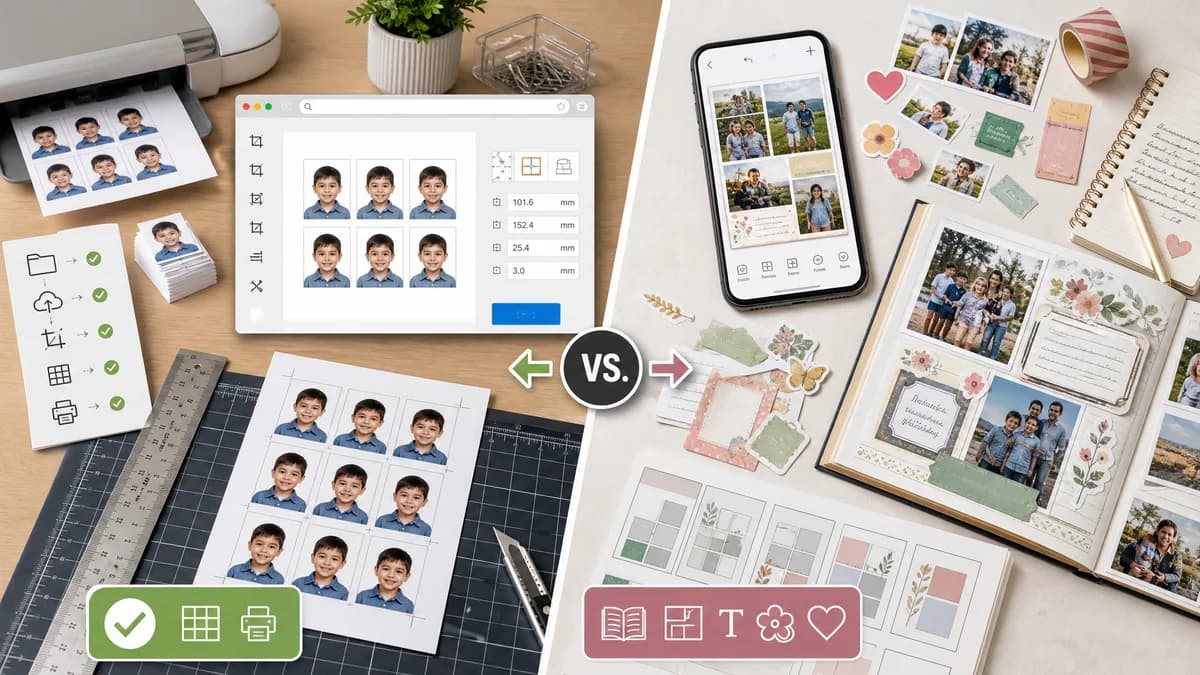 Wallet Photo Sheet Maker vs Project Life App visual comparison of wallet photo sheet maker workflows