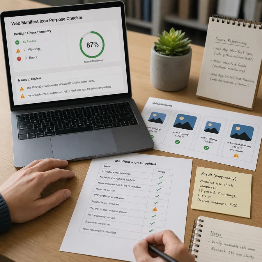 Web Manifest Icon Purpose Checker preview showing a browser preflight checklist and source-backed verification results