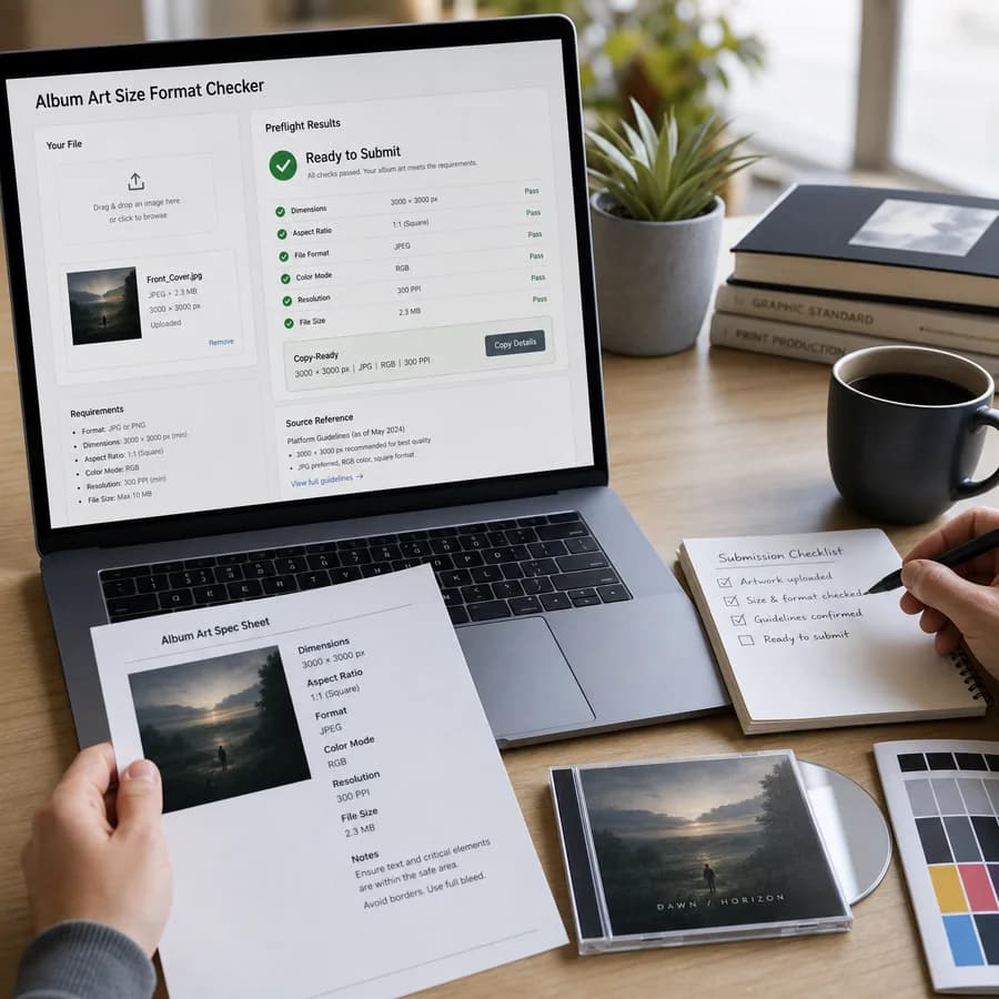 Album Art Size Format Checker preview showing a browser preflight checklist and source-backed verification results
