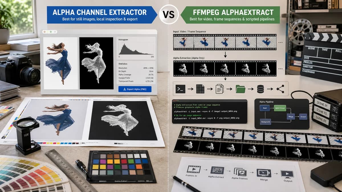 Alpha Channel Extractor vs FFmpeg alphaextract visual comparison of image optimization workflows