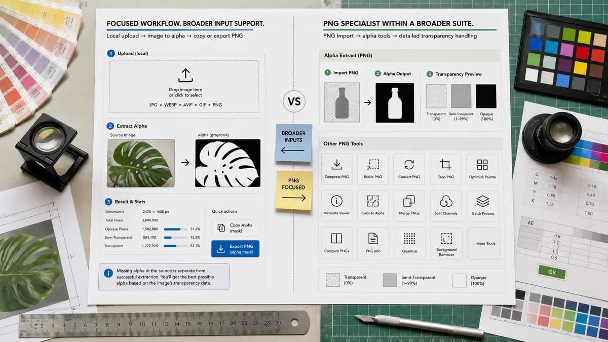 Alpha Channel Extractor vs Online PNG Tools Alpha Channel Extractor visual comparison of image optimization workflows