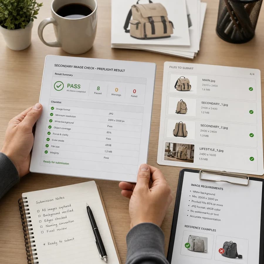 Amazon Secondary Image Checker preview showing a browser preflight checklist and source-backed verification results