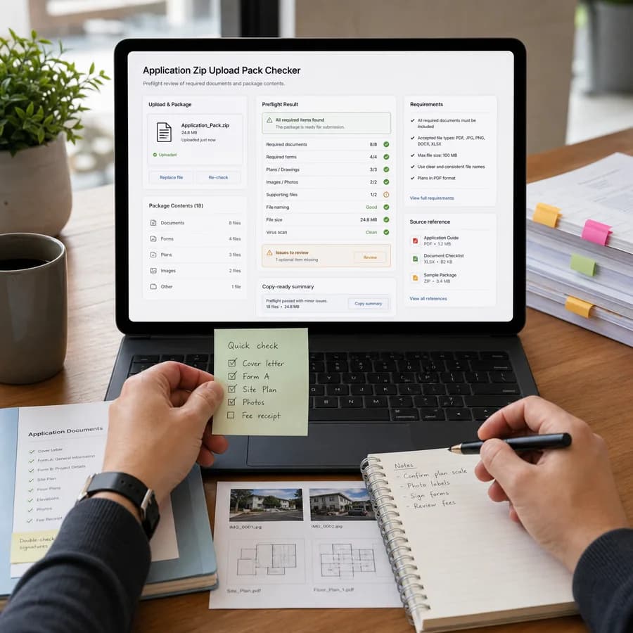 Application Zip Upload Pack Checker preview showing a browser preflight checklist and source-backed verification results