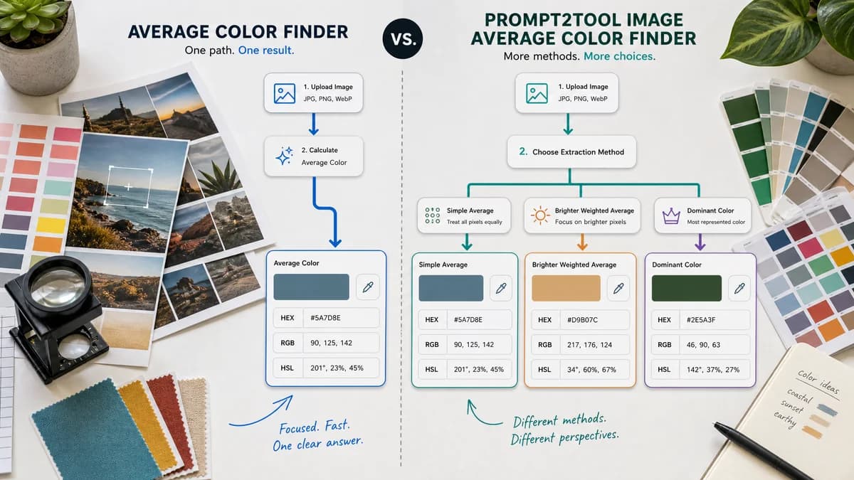 Average Color Finder vs Prompt2Tool Image Average Color Finder visual comparison of image color extraction workflows