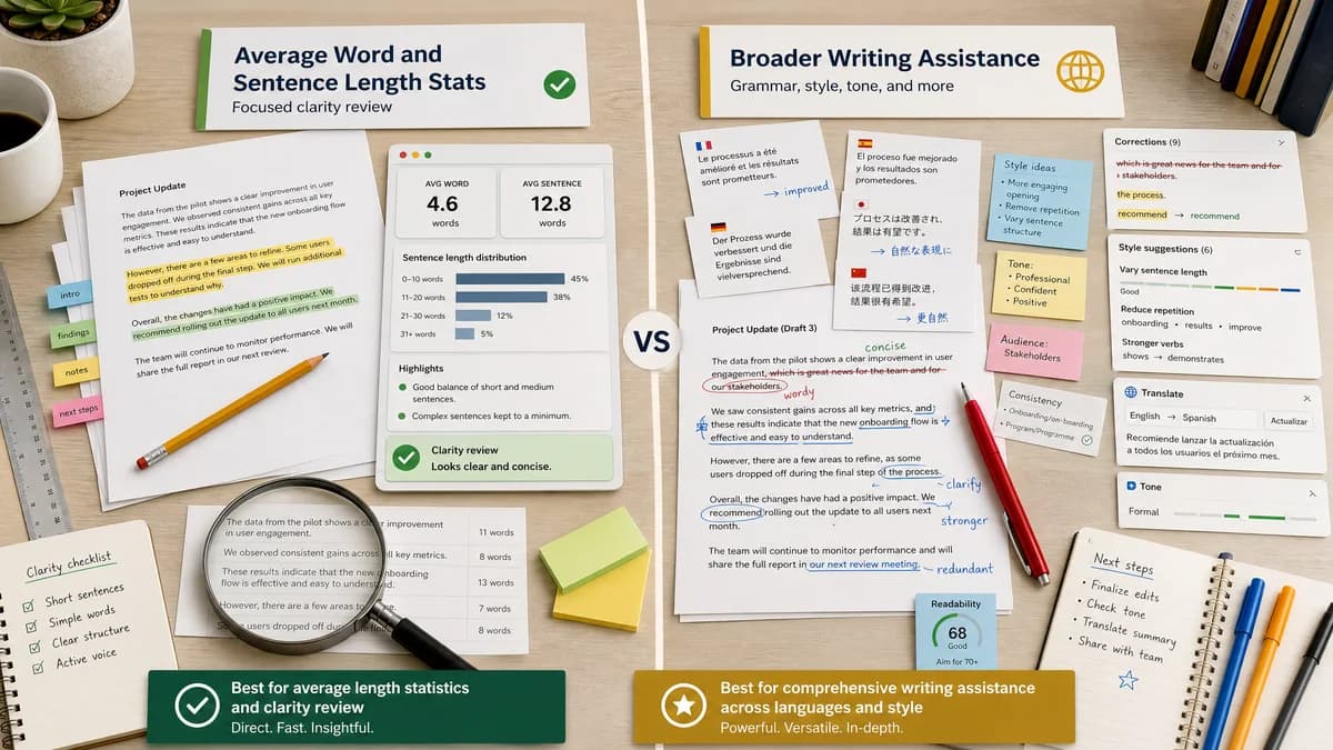 Average Word and Sentence Length Stats vs LanguageTool comparison detail image