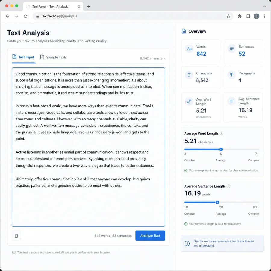 Average Word and Sentence Length Stats browser interface preview with text metrics and result panels