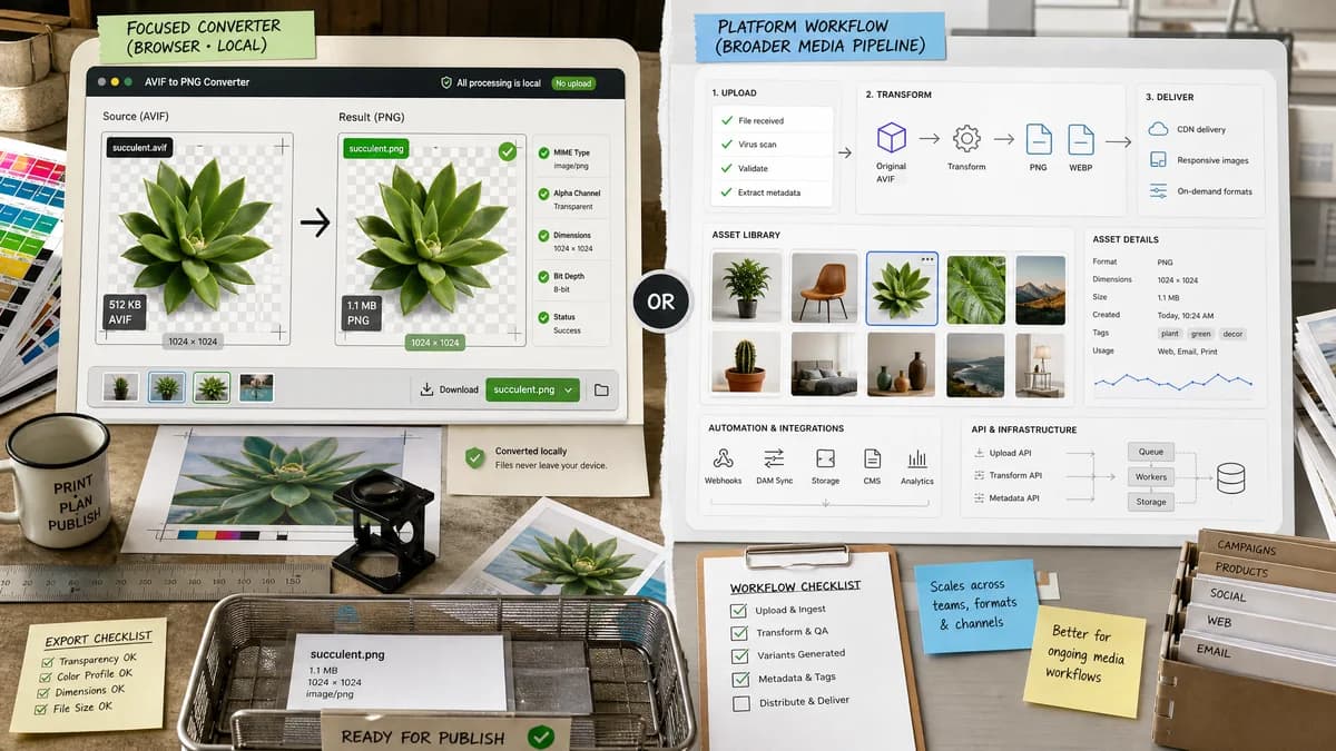 AVIF to PNG Converter vs Cloudinary AVIF to PNG visual comparison of image optimization workflows