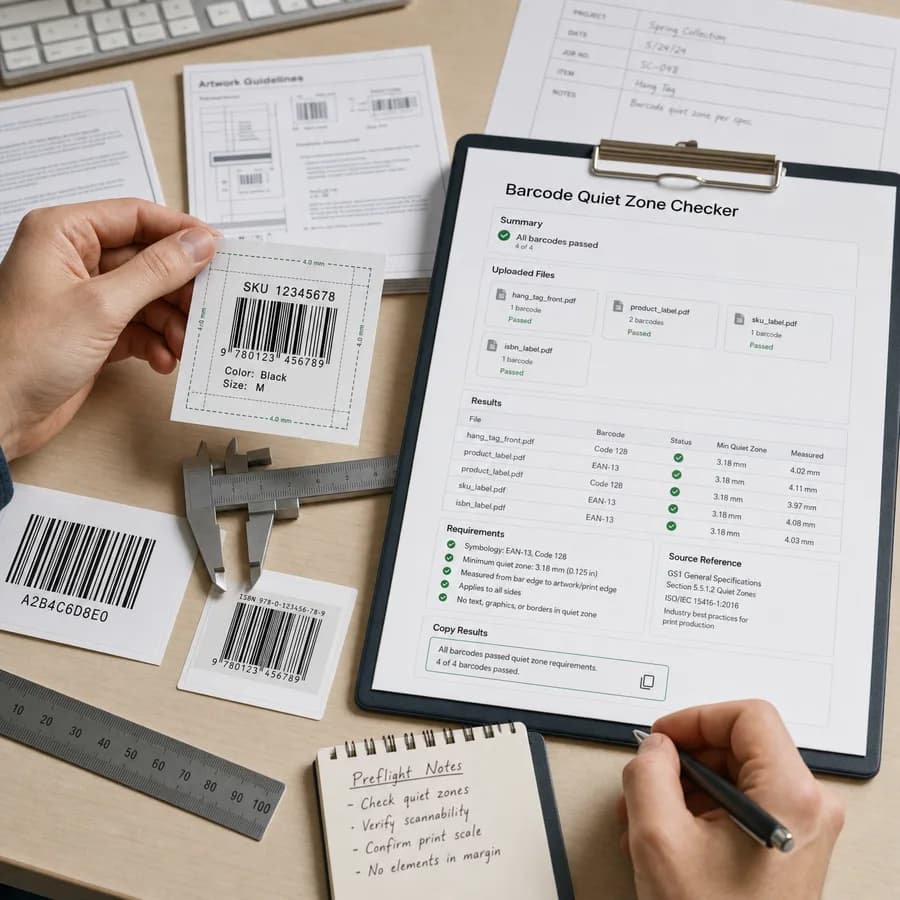 Barcode Quiet Zone Checker preview showing a browser preflight checklist and source-backed verification results