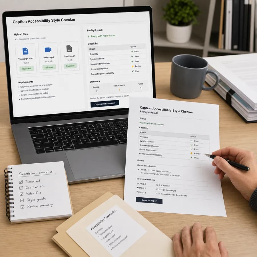 Caption Accessibility Style Checker preview showing a browser preflight checklist and source-backed verification results