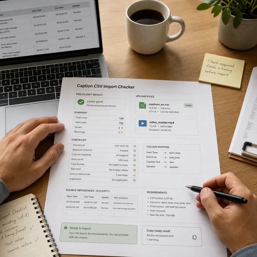 Caption CSV Import Checker preview showing a browser preflight checklist and source-backed verification results