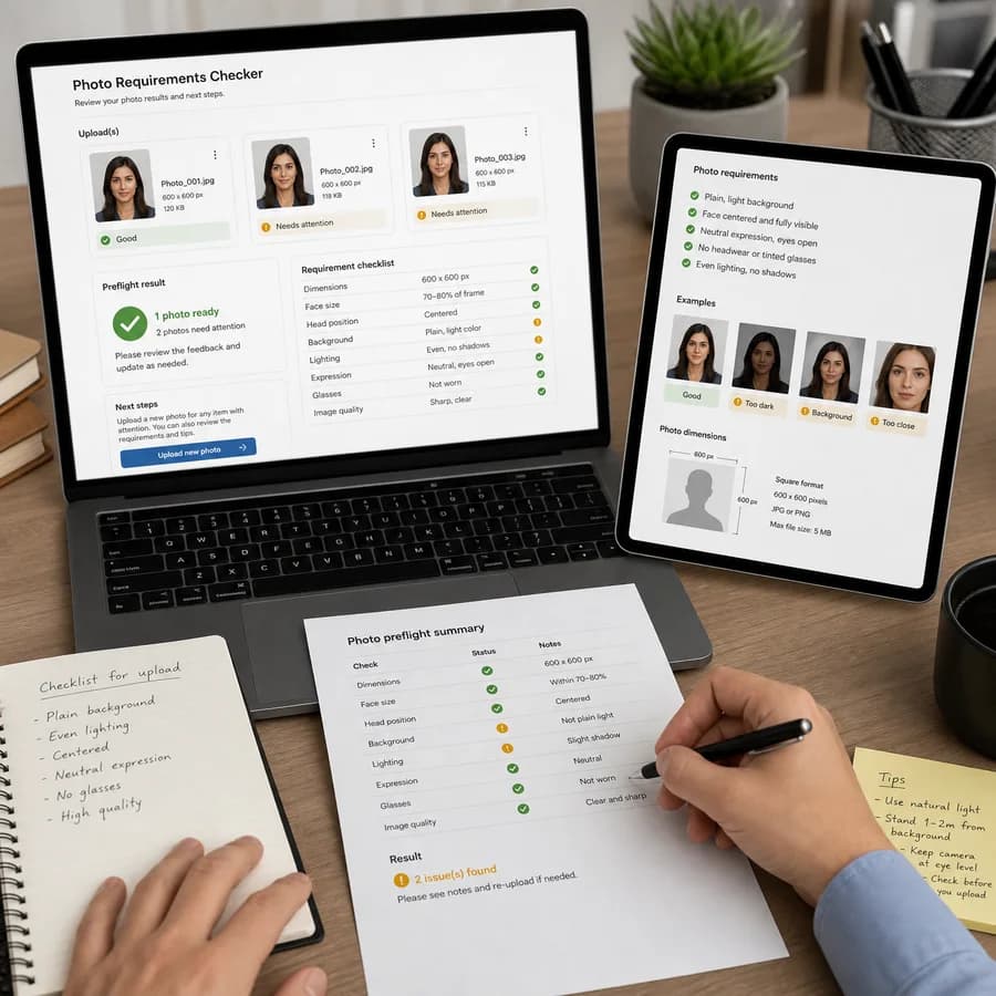 Citizenship Photo Requirements Checker preview showing a browser preflight checklist and source-backed verification results