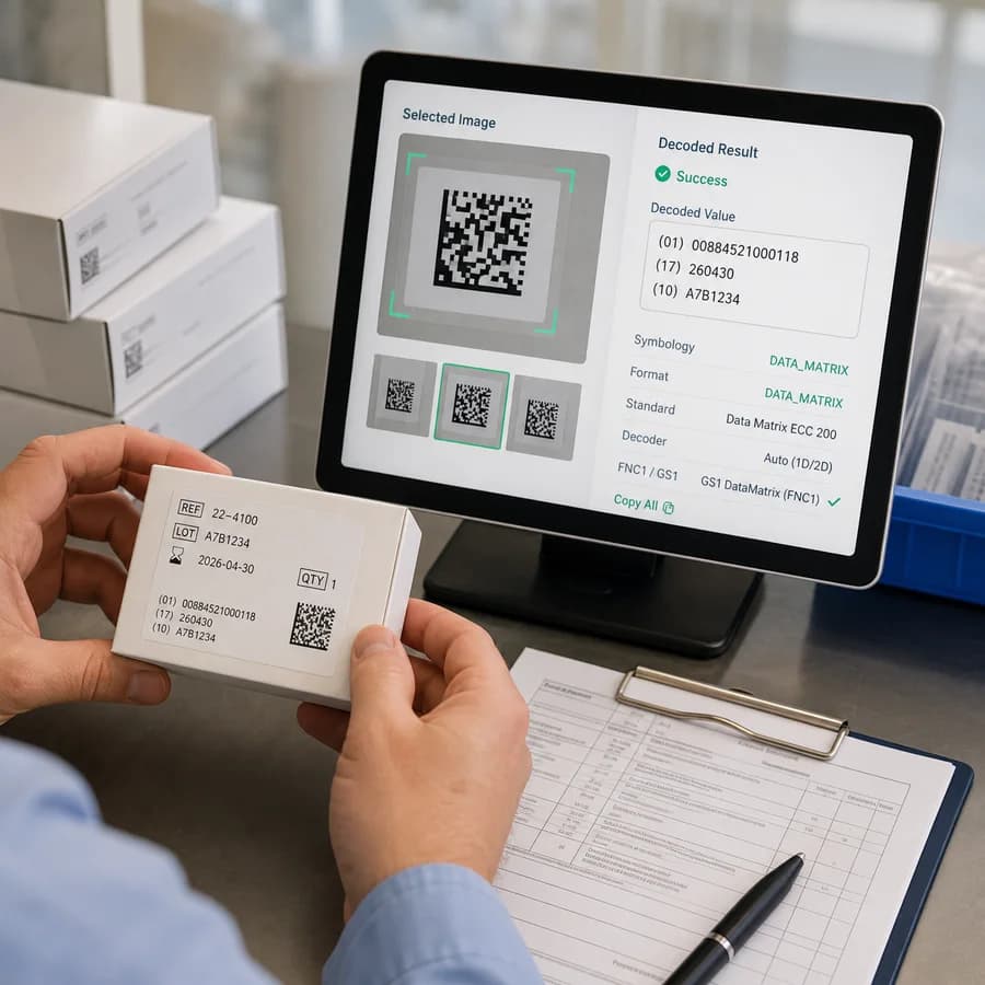 Data Matrix Reader preview showing a browser-local Data Matrix scan result