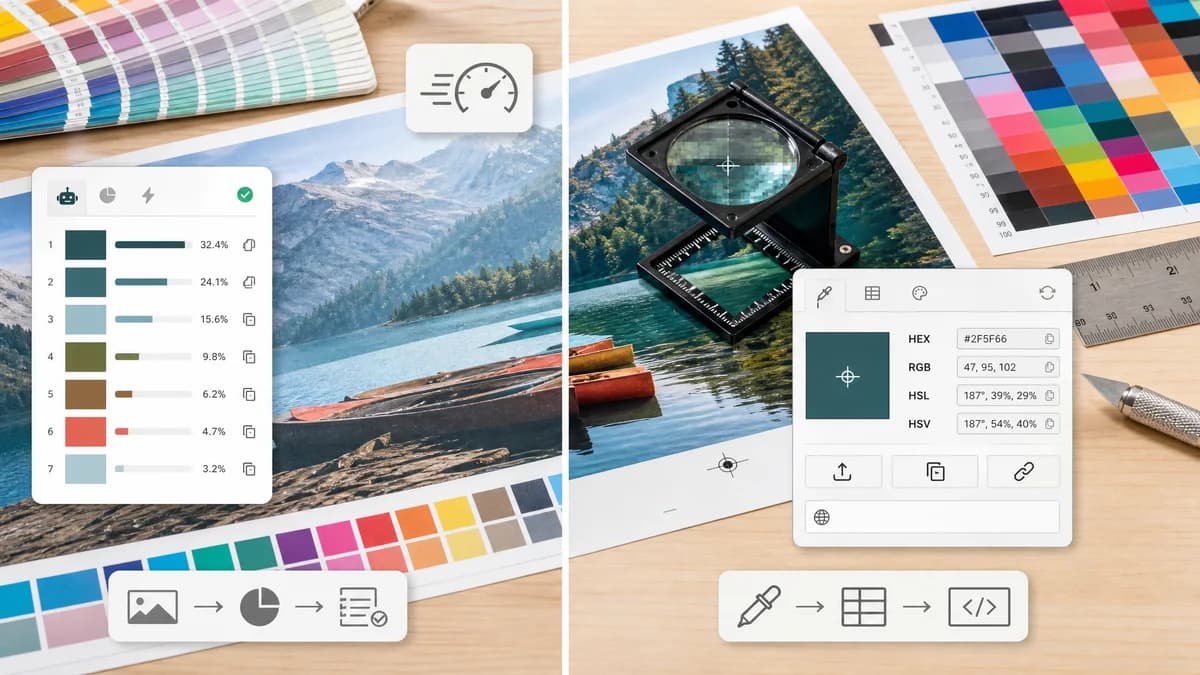Dominant Colors Extractor vs ImageColorPicker.com visual comparison of image color extraction workflows