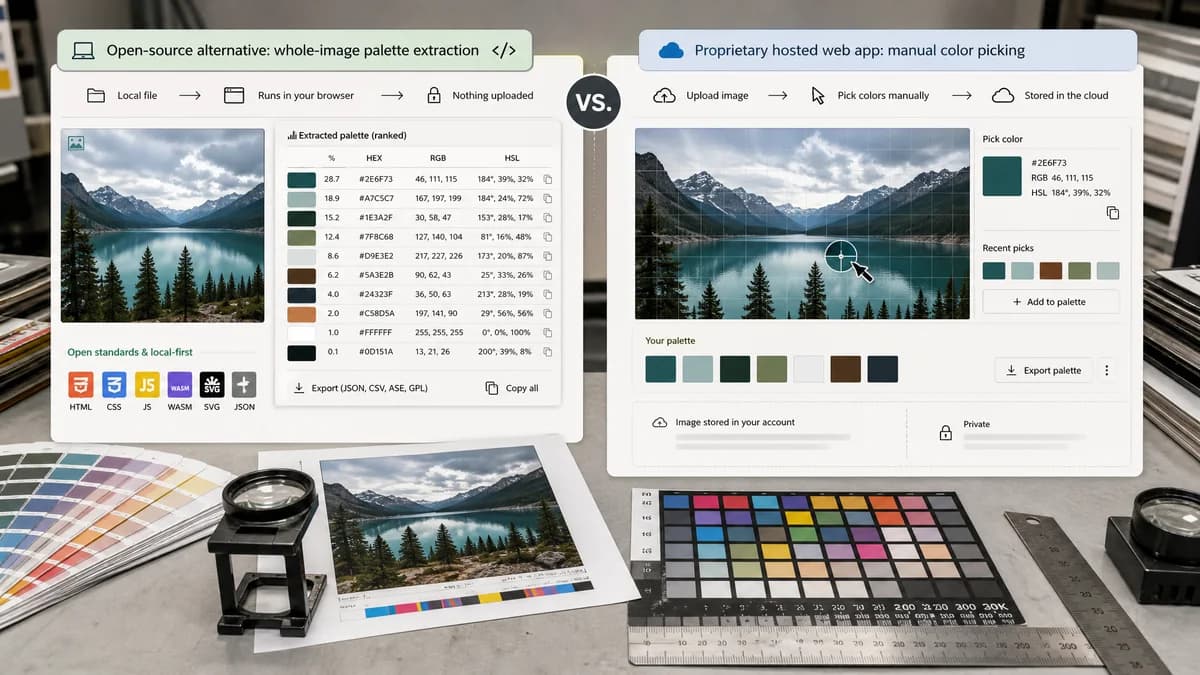 Open Source Alternatives to Image Color Picker App visual comparison with Dominant Colors Extractor