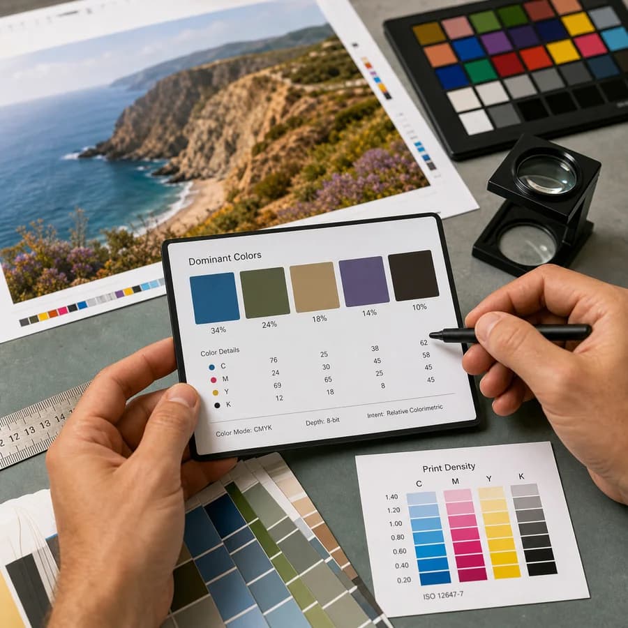 Dominant Colors Extractor preview showing an uploaded image and ranked color swatches with HEX RGB HSL percentages