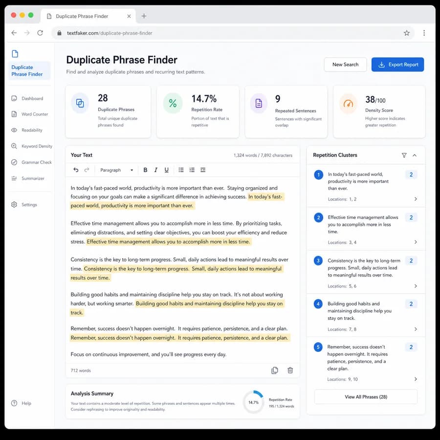 Duplicate Phrase Finder browser interface preview with text metrics and result panels