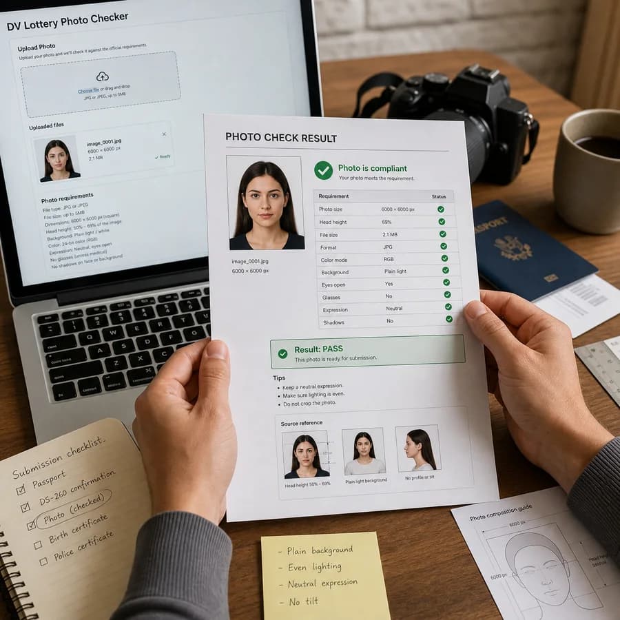 DV Lottery Photo Checker preview showing a browser preflight checklist and source-backed verification results
